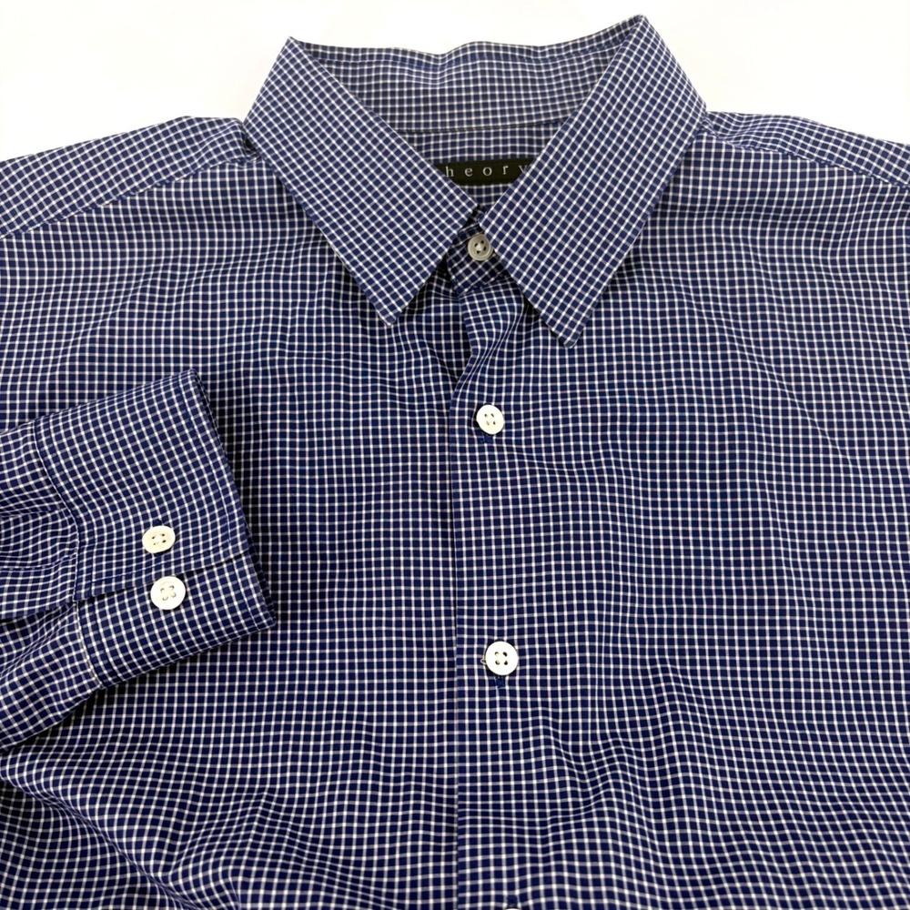Theory Sylvain Aramon Mens Navy Blue White Micro Check Cotton Shirt Large